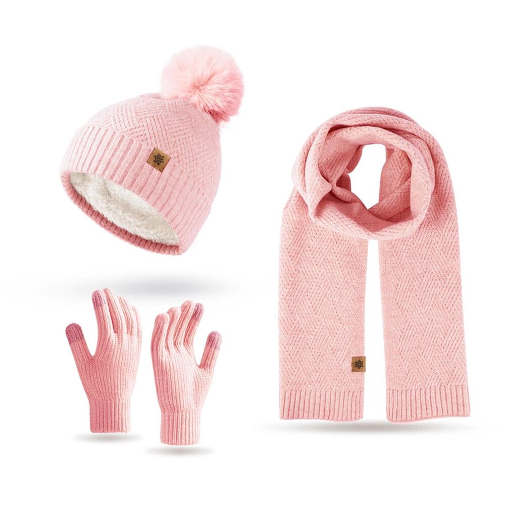 9249 Winter Pink Beanie Hat Scarf Gloves - 3 Peices Warm Fleece Lined Knit